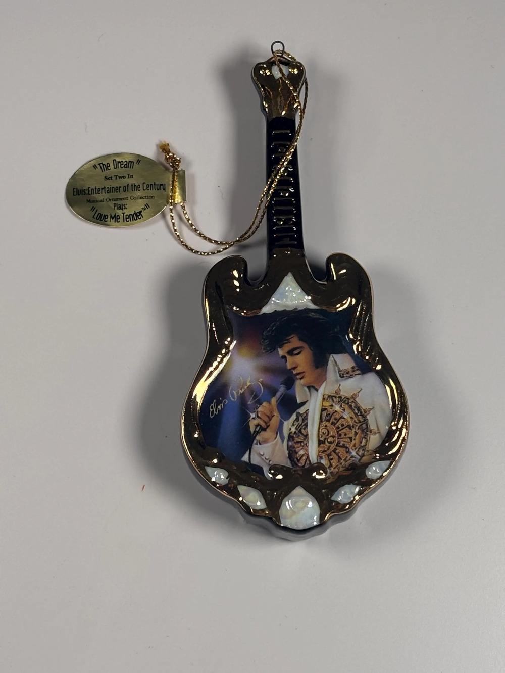 Bradford Exchange Elvis Presley Porcelain Guitar Christmas Ornament 2001 Aloha